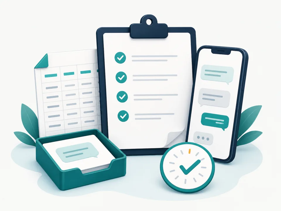 Setup checklist, CSV sheet, and SMS test run illustration