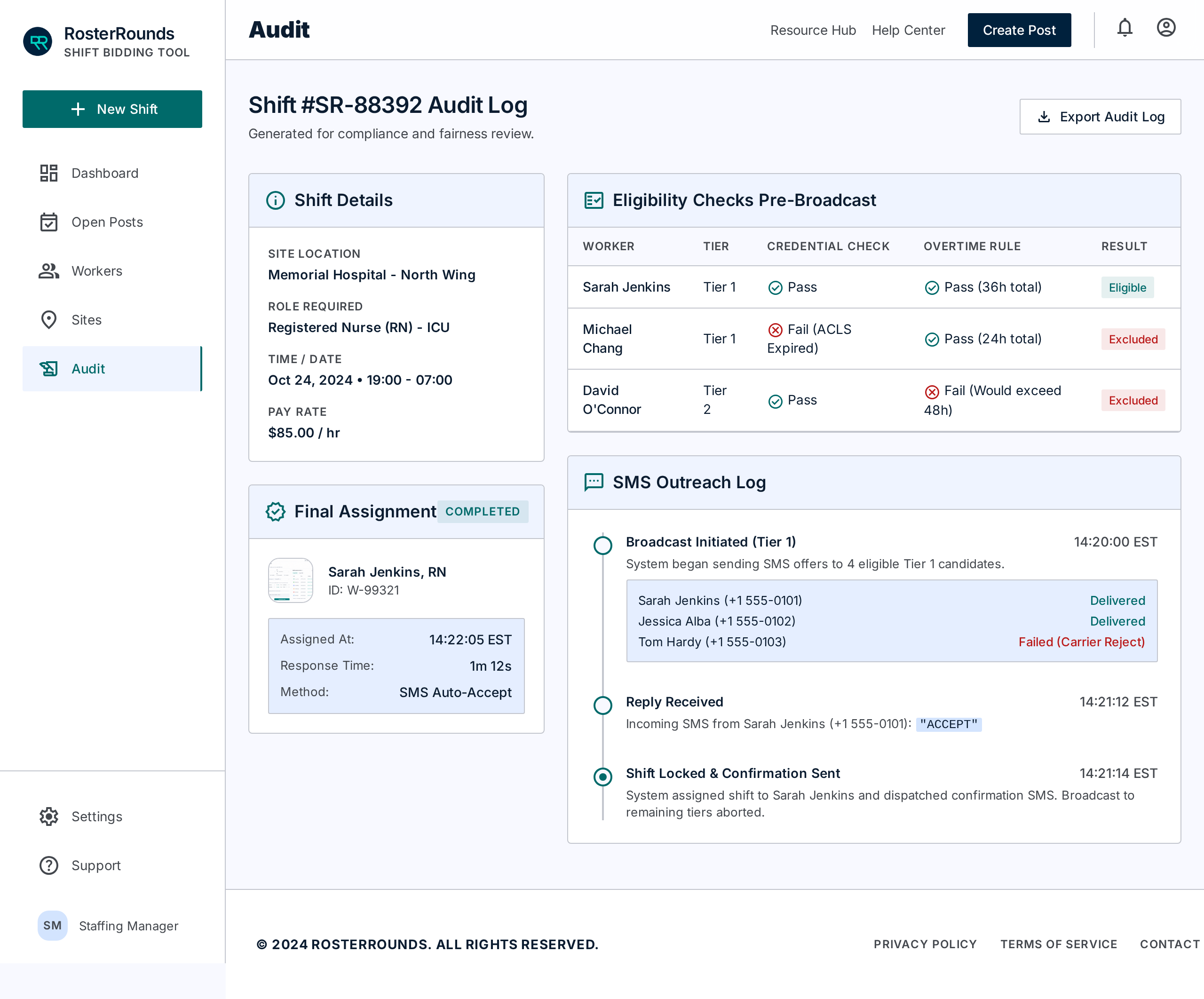 RosterRounds shift audit trail showing SMS round and claim events